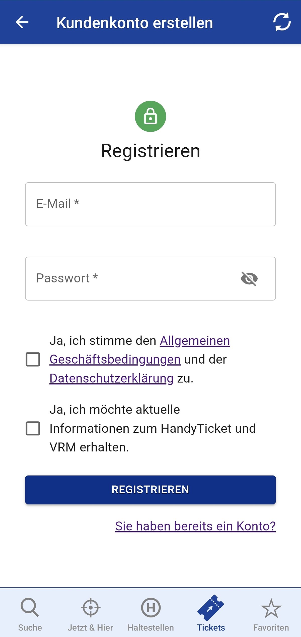 Eingabemaske zur Registrierung als Kunde in der VRM Ticket App