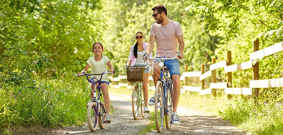 Junge Familie mit einem Kind fährt mit Fahrrädern durch einen Wald