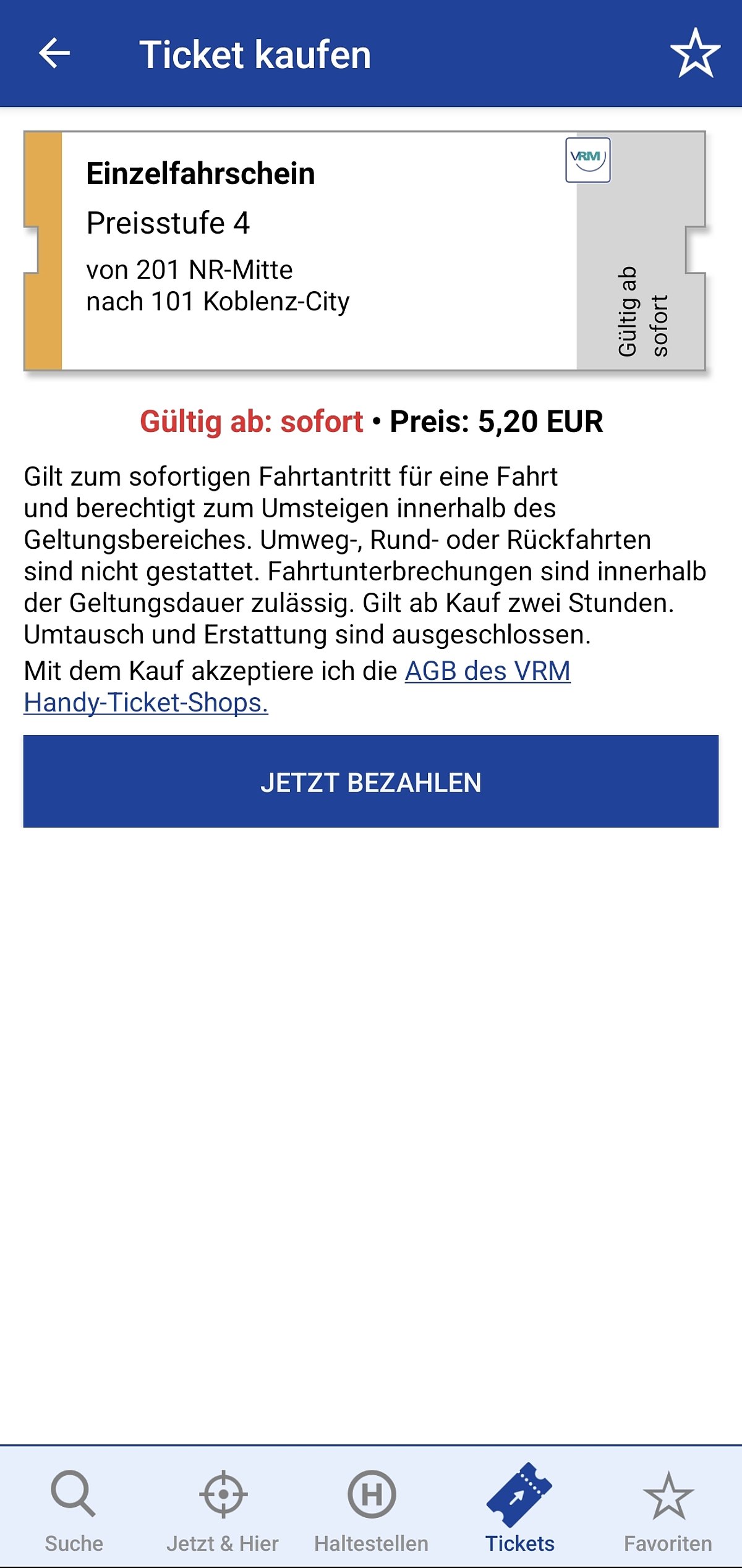 Anzeige des Tickets zum Kauf in der VRM Ticket App